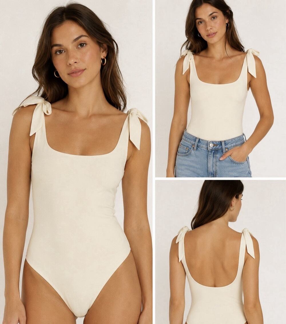 Intimately Free People NWT Off White Ivory Thong Bodysuit Faux Tie Tank Sz Large